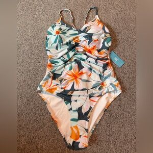 Blue Tropical Floral Crossback One-Piece Size M